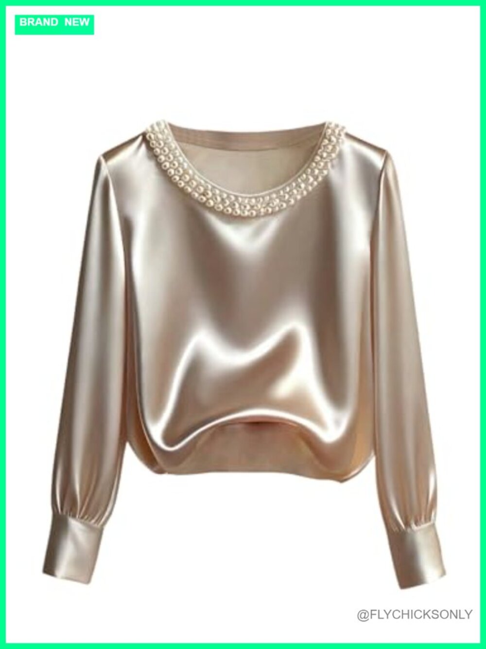 Satin Pearl Long Sleeve Blouse Dressy Casual Crewneck Office Top